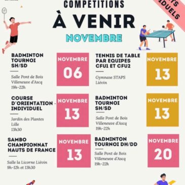 Agenda sports individuels – mois de novembre